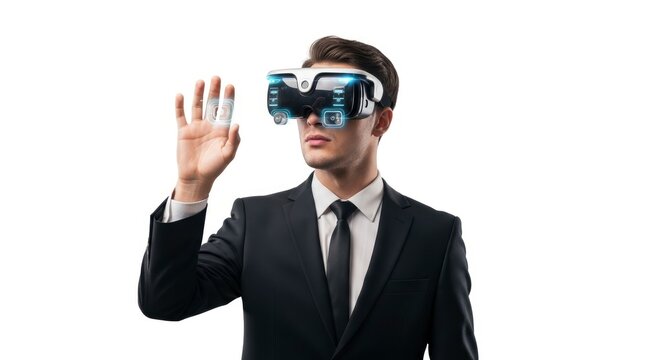 Man in suit wearing VR headset hand raised to interact with floating interface