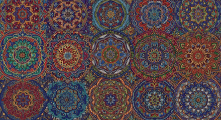 Intricate mandala patterns in vibrant jewel tones create a rich, captivating textile or wallpaper design perfect for modern boho decor