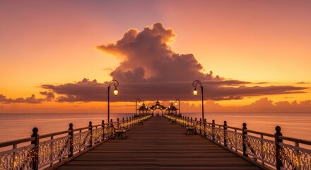 Pier view at sunset wooden dock with lights leads to a distant structure under a large cloud formation