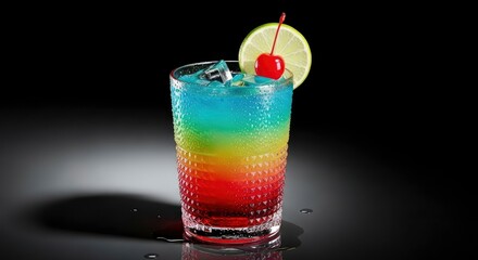 Rainbowlayered drink with ice lime slice cherry garnish in textured glass against a dark backdrop