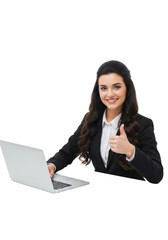 Young Caucasian woman in business attire, smiling, giving thumbs-up at white desk with laptop on bright white studio background. Concept of professional success