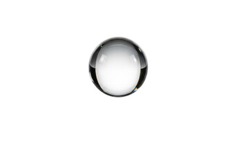 A single, perfectly spherical, transparent water droplet, crystal clear with intricate reflections, hovering against a transparent background with copy space, macro studio shot, high-key lighting,