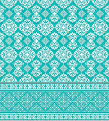 Turquoise Damask Floral and Geometric Ethnic Pattern. Teal Blue Seamless Wallpaper. Ornamental Baroque Border Textile Print. Vintage Moroccan Tile Fabric.