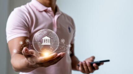 Digital Banking at Your Fingertips: A person, illuminated by a warm light, presents a conceptual representation of a financial institution. The image encapsulates the modern digital banking landscape.