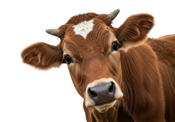 Young brown calf with small horns, white forehead stripe, large reflective eyes, tilting head in sterile studio with transparent background, shallow depth of field, copy space, Concept for