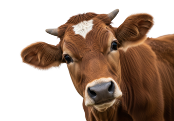 Young brown calf with small horns, white forehead stripe, large reflective eyes, tilting head in sterile studio with transparent background, shallow depth of field, copy space, Concept for
