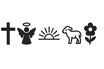 Christian religious symbols icon set. Cross, angel, sunrise, lamb, flower icons. Easter story concepts. Jesus sacrifice, resurrection, hope and faith. Minimalist vector.