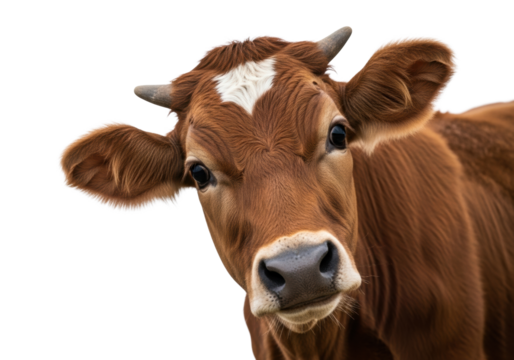 Young brown calf with small horns, white forehead stripe, large reflective eyes, tilting head in sterile studio with transparent background, shallow depth of field, copy space, Concept for