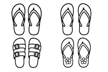 Linear vector set of beach sandals and flip flops, cartoon outline illustration, summer footwear, Birkenstock style, floral decorated sandals, minimalist design, transparent background, collection