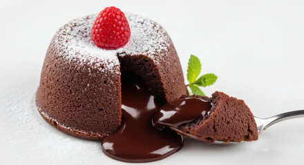 Chocolate lava cake with raspberry and mint on a white background