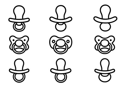 Variety of pacifier outline icons collection. Minimalist baby soother vector set. Infant pacifiers in simple line style. Cartoon illustration for newborn care products and nursery design.
