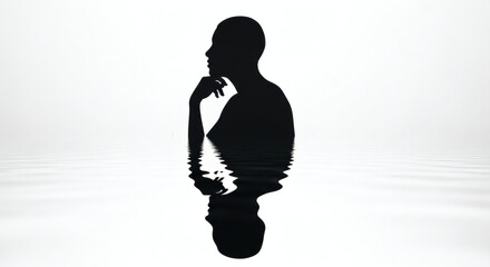 Silhouette of person in water with hand on chin in contemplation