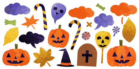 Halloween elements with pumpkins, ghosts, and candy