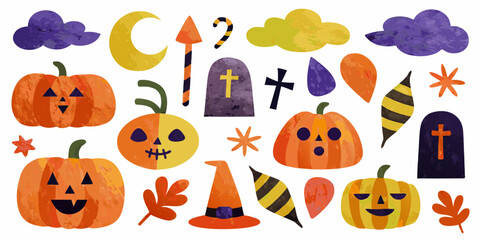 Halloween illustrations with pumpkins, tombstones, and candy corn