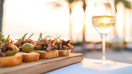 Gourmet appetizers & chilled white wine at sunset. Enjoying delicious bruschetta on a cutting board with a glass of wine in the golden hour.