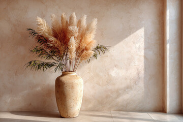 Ceramic vase with dried pampas grass against neutral textured wall, minimal interior decor