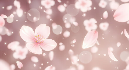 Delicate pink cherry blossoms drift gracefully, scattering petals and creating a dreamlike, ethereal atmosphere ideal for spring and beauty themes.