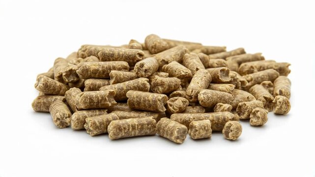 Close-up of a pile of organic pellets on a white background, ideal for animal feed or gardening