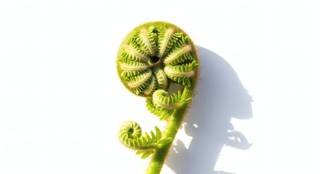 A close up of a coiled green fern frond against a white background - Powered by Adobe