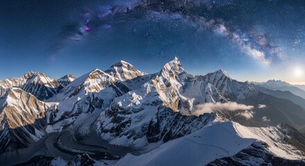 Snowcovered mountains under a starry night sky sun rising on the horizon