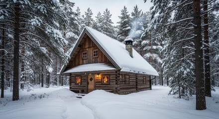 Snowy log cabin with smoke rising from chimney nestled in snowcovered forest