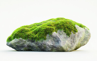 Highly detailed close-up of a mossy rock showing vivid green moss and realistic stone patterns isolated on white background PNG