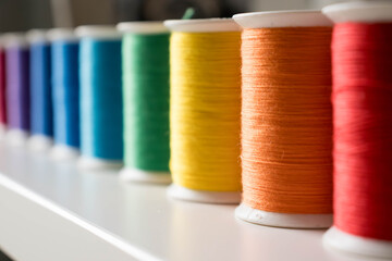 A vibrant array of sewing threads neatly aligned,showcasing a spectrum of colors for design and textile work