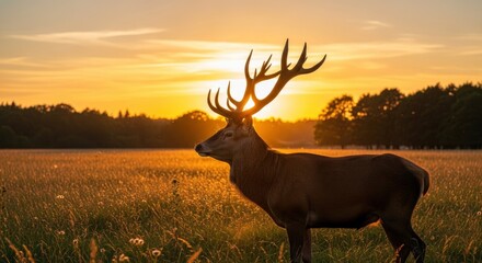 Stag in golden field silhouetted against sun large antlers