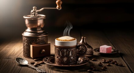Steaming cappuccino in ornate cup with grinder spoon beans and Turkish Delight on a wooden table