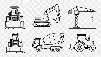 Construction vehicles line art showcasing excavator, bulldozer, cement mixer, crane, tractor, perfect for engineering designs and construction blueprints