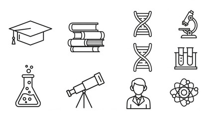 Explore science with these outline icons of a graduation cap, books, DNA, microscope, beaker, telescope, scientist, atom, and test tubes in this graphic