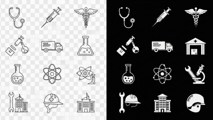 Medical symbols and science icons convey healthcare, research, and innovation for modern designs and educational projects, originally created as a scalable vector graphic