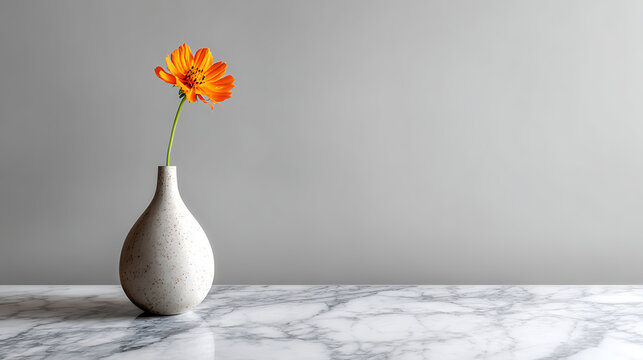 Orange cosmos flower in vase on marble table against gray background