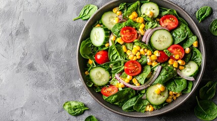 Vibrant Spinach Salad with Corn, Cucumber and Tomatoes Overhead Composition, healthy food, summer salad, recipe healthy recipe, summer salad