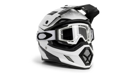 White  black motocross helmet with goggles on a white background