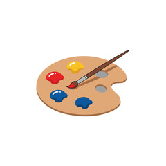 Vibrant artist palette with paintbrush and primary colorful paint blobs, ready for creative painting and artistic expression.