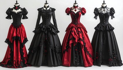 Elegant black and red gowns on mannequins