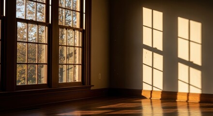 Window light casts grid shadows on a wall and floor