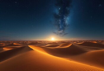 Naklejka premium Expansive Desert Dunes Under Starry Sky Celestial Nightscape Serenity Silhouette Wonders