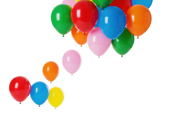 Vibrant collection of perfectly inflated glossy helium balloons in red, blue, green, pink, orange, yellow, floating against a transparent studio background, concept of festive joy and celebration