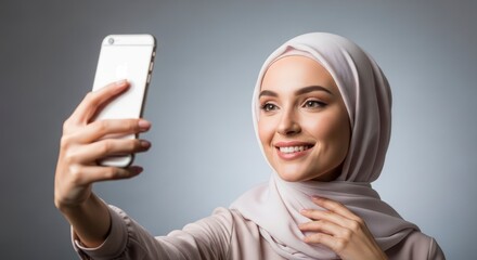 Woman in hijab taking selfie with smartphone smiling against grey background