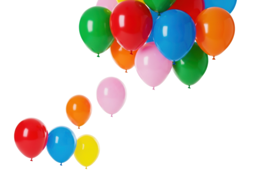 Vibrant collection of perfectly inflated glossy helium balloons in red, blue, green, pink, orange, yellow, floating against a transparent studio background, concept of festive joy and celebration