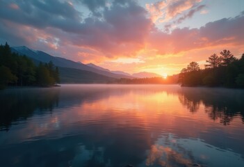 Obraz premium Serene Lake Sunrise Reflection Tranquil Waters Gentle Ripples Colorful Skies Nature Bliss Peaceful Landscape