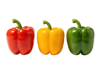 Three vibrant, ripe red, yellow, and green bell peppers neatly arranged on an immaculate transparent background with copy space, soft shadows, pristine fresh produce concept