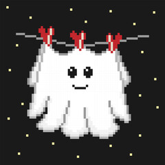 Cute pixel ghost hanging on a clothesline a night starry sky. Retro 8-bit pixel art style, illustration for Halloween