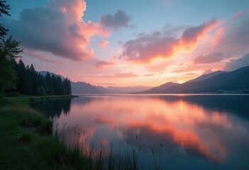 Fototapeta premium Serene Twilight Lakeside Reflection Landscape with Calm Water and Vibrant Sky Colors