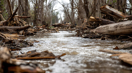 Water flows through a channel filled with debris and fallen tree branches