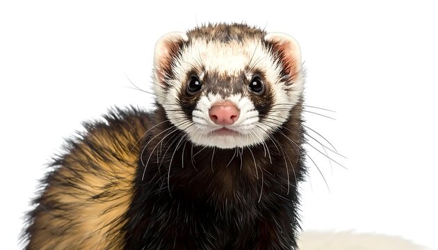 Close-up portrait of a ferret, showcasing its detailed fur patterns and expressive face against a pure white background.