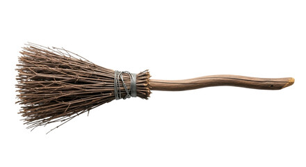 Intricate traditional witch's broomstick made of dried brown twigs & weathered dark wood handle, horizontally isolated on transparent background with copy space, Halloween magic concept