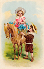 Cheerful Vintage Postcard: Children with Pony and Basket of Forget-Me-Nots (Circa 1900)